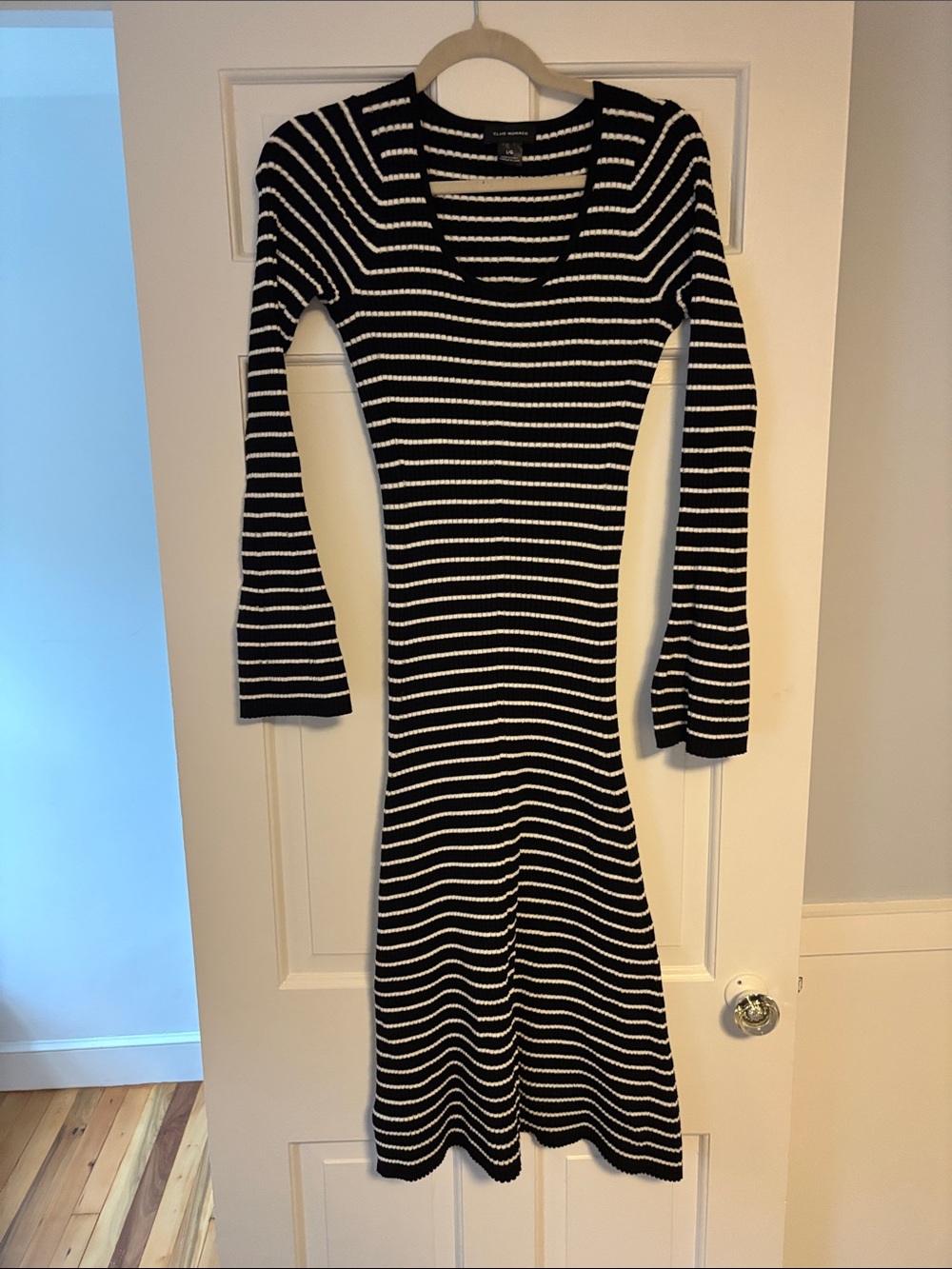 Club Monaco Black and White Striped Long Sleeve Knit Dress